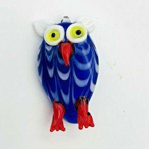 Lamp Work Art Glass Owl Pendant LampWork Blue Red White Blown Glass 1.5”